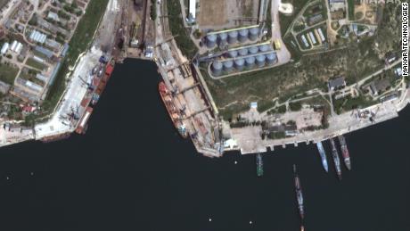 A satellite image shows an overview of a bulk carrier ship loading grain at the port of Sevastopol, Crimea May 22, 2022. Picture taken May 22, 2022. Satellite image 2022 Maxar Technologies/Handout via REUTERS ATTENTION EDITORS - THIS IMAGE HAS BEEN SUPPLIED BY A THIRD PARTY. MANDATORY CREDIT. NO RESALES. NO ARCHIVES. DO NOT OBSCURE LOGO.