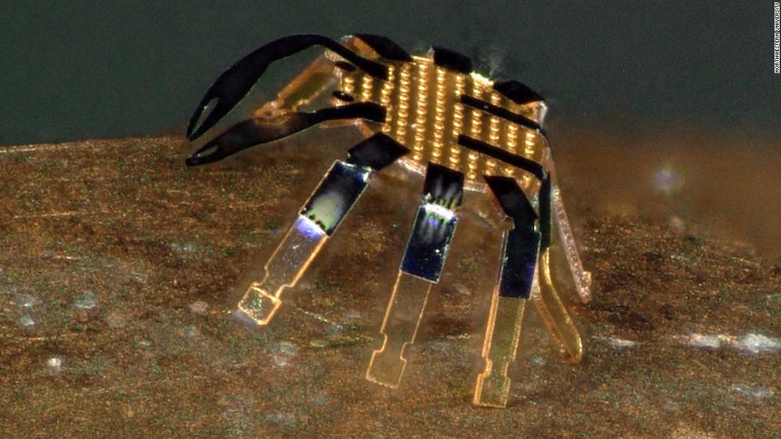 Tiny robotic crabs that are smaller than the width of a coin use heat from lasers to crawl