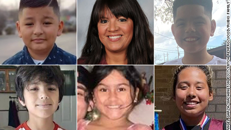 Zdjęcia rodzinne pokazują sześciu zabitych w Robb Elementary.  W górnym rzędzie, od lewej do prawej: Xavier Lopez, Eva Mireles i Jose Flores Jr.  Na dole, od lewej do prawej: Uziah Garcia, Ameri Joe Garza i Lexi Rubio.