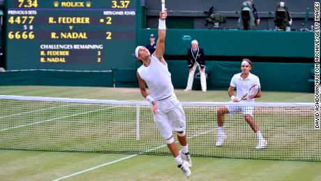 Rafael Nadal reaches for a shot against Roger Federer in the Wimbledon men&#39;s final on July 6, 2008, considered by many the best tennis match ever played.