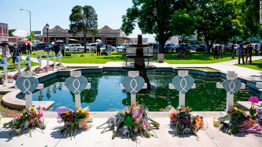 Crosses bear the names of shooting victims on Thursday.