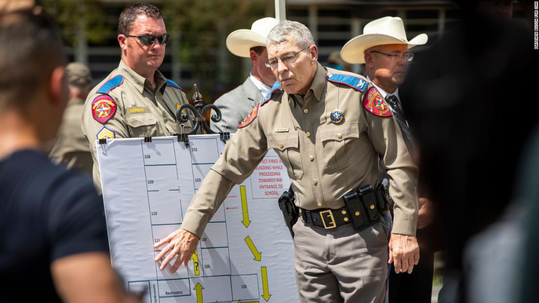 Steven McCraw, the director of the Texas Department of Public Safety, points to a map of &lt;a href=&quot;https://www.cnn.com/2022/05/27/us/uvalde-texas-elementary-school-shooting-friday/index.html&quot; target=&quot;_blank&quot;&gt;the shooter&#39;s movements&lt;/a&gt; during a news conference on May 27. In all, 80 minutes passed between when officers were first called to the school at 11:30 a.m. to when a tactical team entered locked classrooms and killed the gunman at 12:50 p.m., McCraw said.