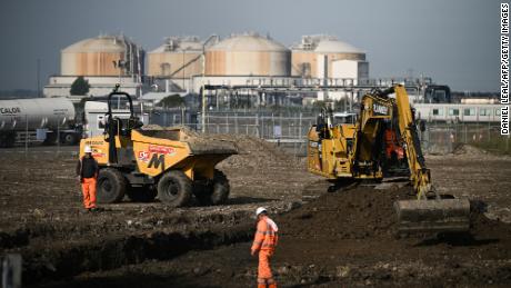 Construction of LNG storage tanks at Isle of Grain, southeast England.