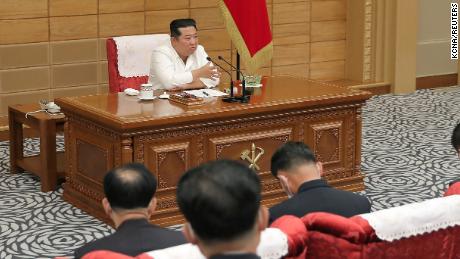 North Korean leader Kim Jong Un speaks about the country&#39;s Covid response at a politburo meeting of the Worker&#39;s Party in Pyongyang on May 28.