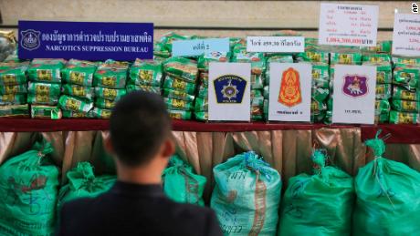Seized methamphetamine is displayed on a table during a police press conference in Bangkok, Thailand, in 2019.