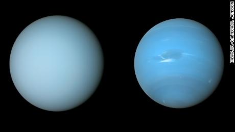 NASA&#39;s Voyager 2 spacecraft captured these views of Uranus (left) and Neptune (right) during its flybys of the planets in the 1980s.