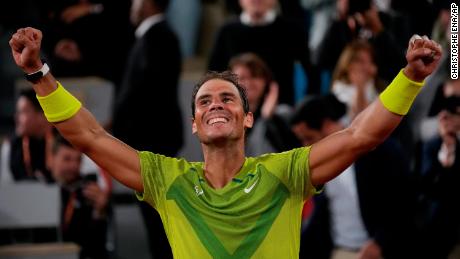 Spain&#39;s Rafael Nadal celebrates winning his quarterfinal match against Serbia&#39;s Novak Djokovic in four sets at the French Open tennis tournament in the Roland Garros stadium in Paris on June 1.