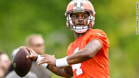 Deshaun Watson of the Cleveland Browns looks to pass during Browns OTAs at CrossCountry Mortgage Campus on May 25, 2022 in Berea, Ohio. 