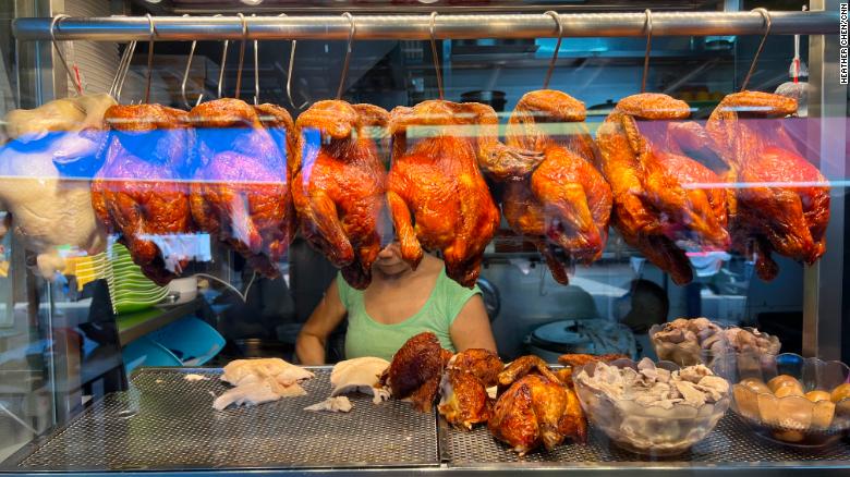Cooked chicken at a popular stall in Singapore.