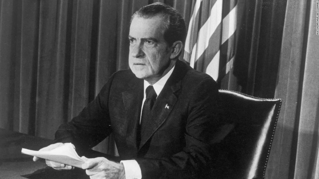 Nixon speaks to the nation on August 8, 1974, announcing his resignation &quot;effective at noon tomorrow.&quot; In his speech, Nixon said: &quot;I have never been a quitter. To leave office before my term is completed is abhorrent to every instinct in my body. But as President, I must put the interest of America first.&quot;