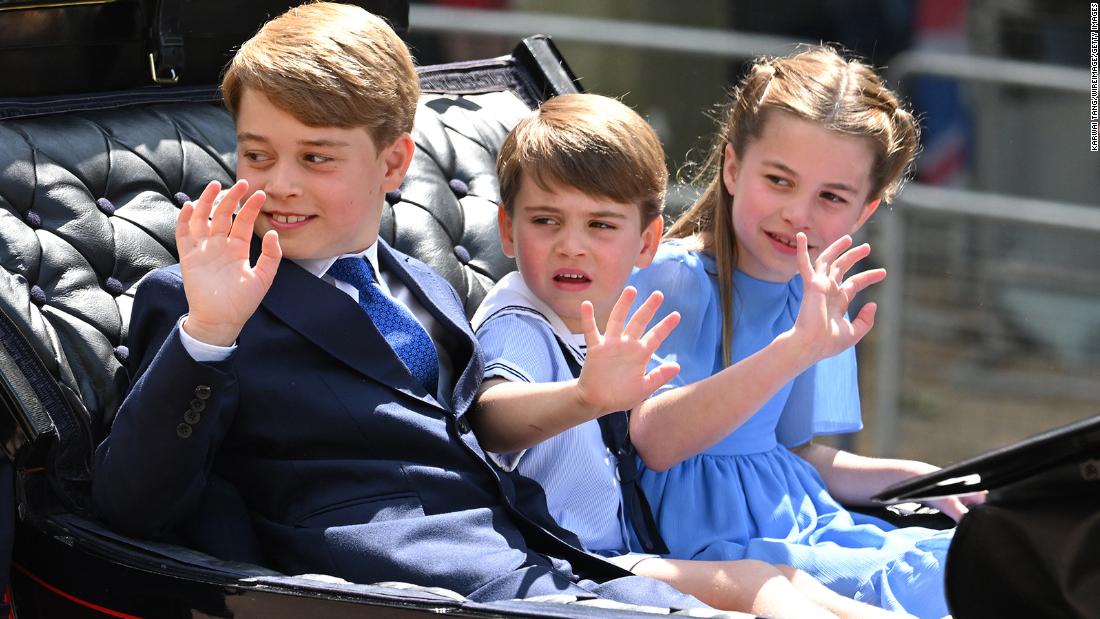 Three of the Queen&#39;s great-grandchildren— from left, Prince George, Prince Louis and Princess Charlotte — ride in the carriage procession on Thursday.