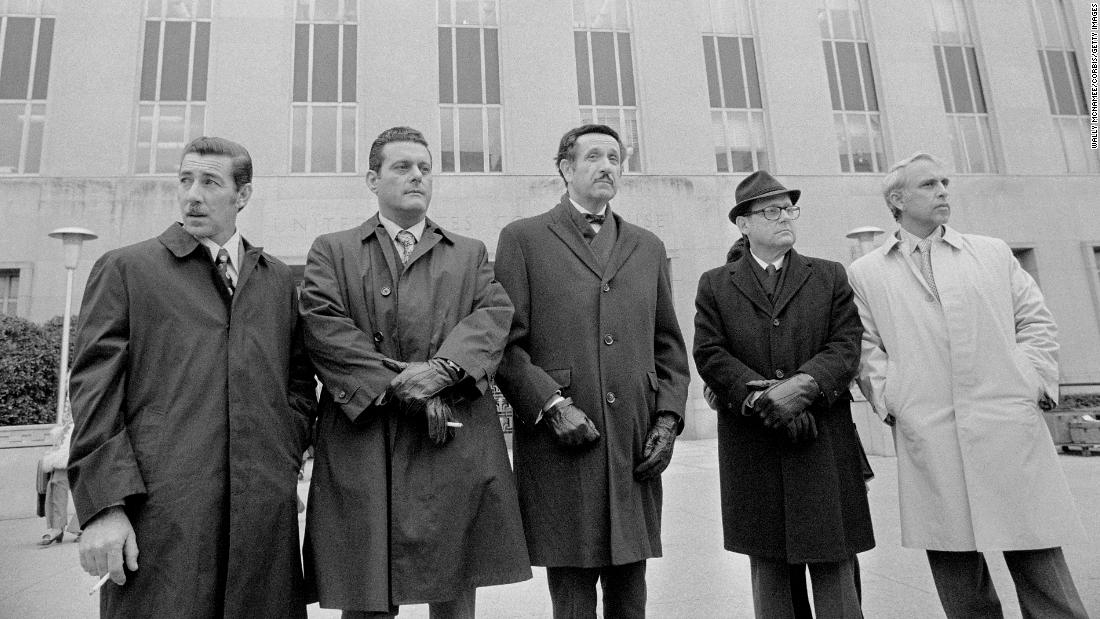 Some of the Watergate burglary suspects stand with their attorney in January 1973. From left are Gonzalez, Sturgis, attorney Henry Rothblatt, Barker and Martinez. Later that month, these suspects pleaded guilty to conspiracy and other charges. Hunt would also plead guilty, while McCord and Liddy were convicted. 