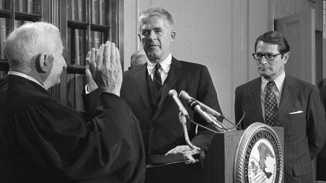 Archibald Cox, center, is sworn in as special prosecutor in the Watergate investigation on May 25, 1973. Cox, a lawyer and law professor, was solicitor general of the United States during John F. Kennedy&#39;s administration.