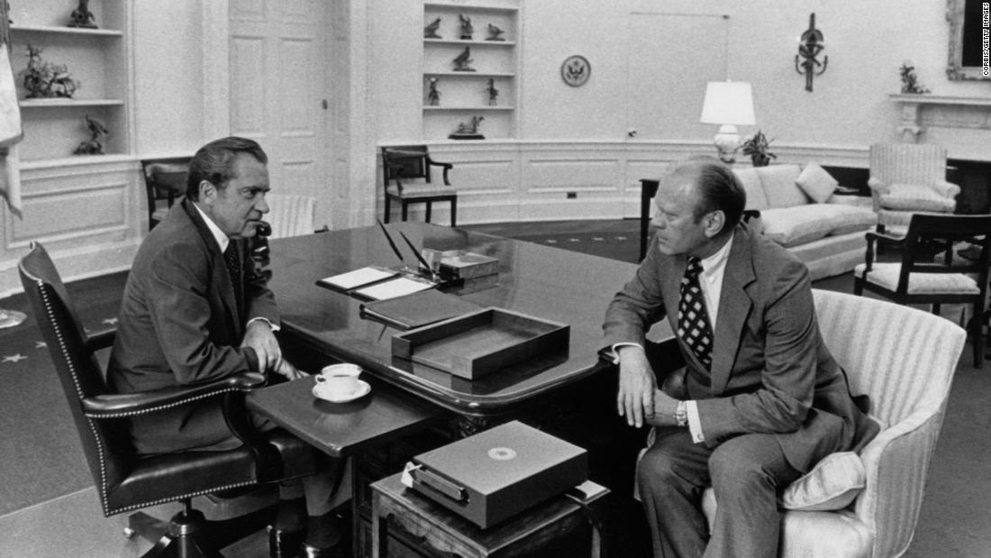 Nixon meets with Vice President Gerald Ford to discuss the transfer of the presidency. Ford had become cice president in 1973 after Spiro Agnew resigned over charges of tax evasion.