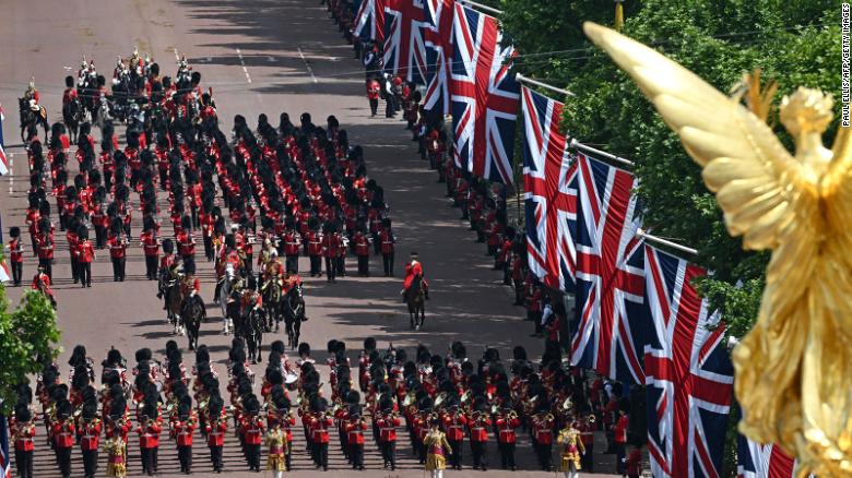 The Trooping the Colour event involved 1,500 soldiers and officers, 400 musicians, 250 horses and 70 aircraft, according to the UK Ministry of Defence.