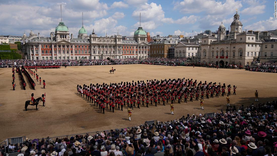 The Queen&#39;s Guard marches during the Trooping the Colour parade Thursday.