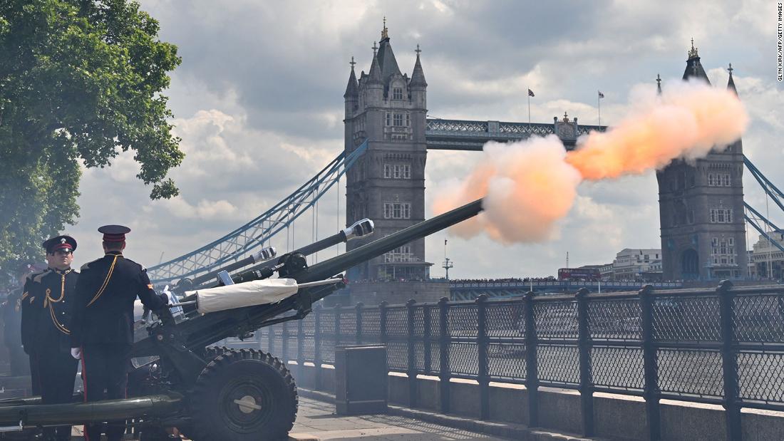 A 124-gun salute is fired at the Tower of London as part of the Trooping the Colour parade.