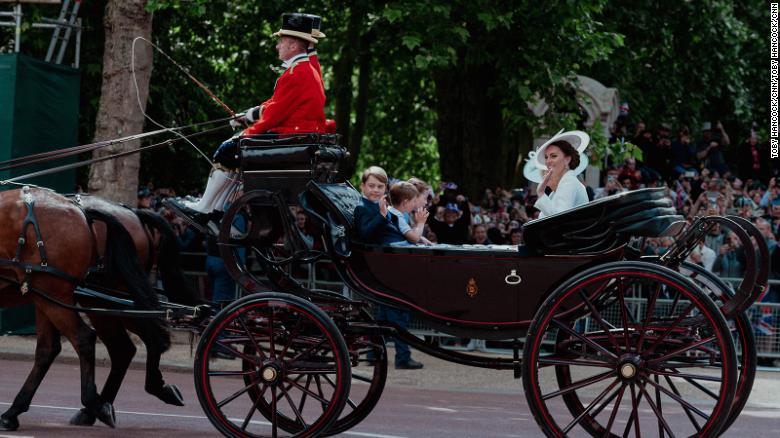 Camilla, Duchess of Cornwall rides in a carriage with Catherine, Duchess of Cambridge and family during the Queen Elizabeth II Platinum Jubilee celebrations on Thursday.