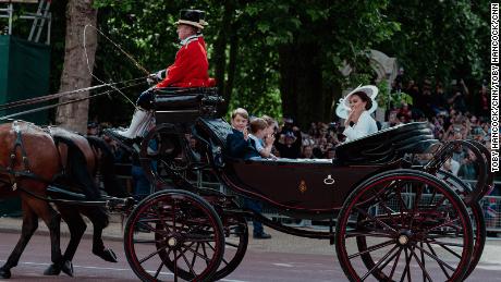 Camilla, Duchess of Cornwall rides in a carriage with Catherine, Duchess of Cambridge and family during the Queen Elizabeth II Platinum Jubilee celebrations on Thursday.