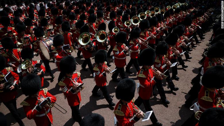 Household Division foot guards march in the Trooping the Colour parade.