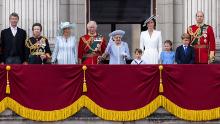 Tim Laurence, from left, Princess Anne, Camilla, Duchess of Cornwall, Prince Charles, Queen Elizabeth II, Prince Louis, Kate, Duchess of Cambridge, Princess Charlotte, Prince George and Prince William on the balcony of Buckingham Palace, London, Thursday June 2, 2022, on the first of four days of celebrations to mark the Platinum Jubilee. The events over a long holiday weekend in the U.K. are meant to celebrate the monarch&#39;s 70 years of service. (Humphrey Nemar/Pool Photo via AP)