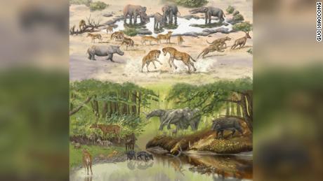 This illustration shows the diversity of animals living in China's Junggar Basin 17 million years ago.