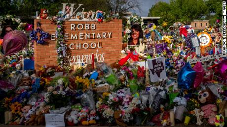 A memorial dedicated to the 19 children and two adults killed on May 24, 2022, in a mass shooting at Robb Elementary School in Uvalde, Texas.