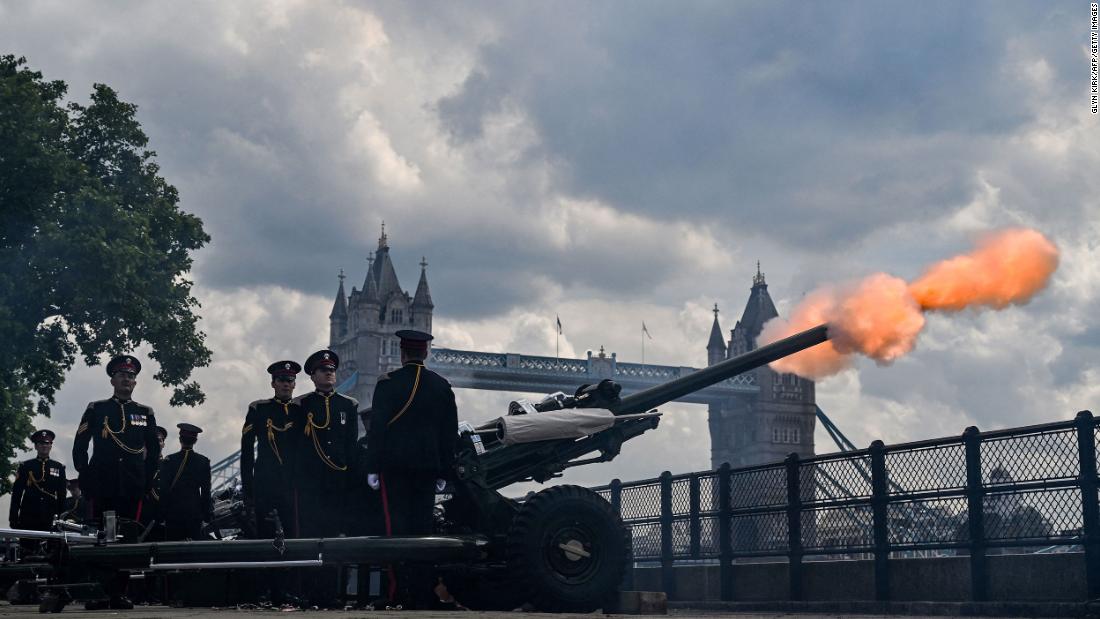 A 124-gun salute is fired at the Tower of London as part of the Trooping the Colour parade.