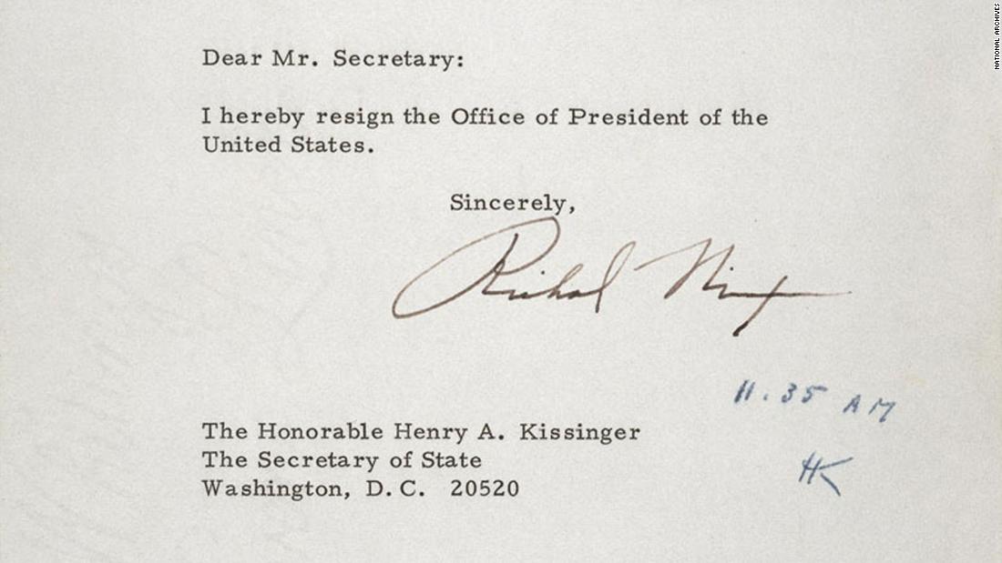 Nixon&#39;s resignation letter was initialed by Secretary of State Henry Kissinger at 11:35 a.m. on August 9, 1974.