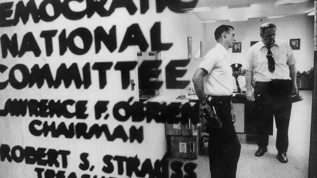 Police check out the Democratic National Committee&#39;s headquarters in Washington on June 17, 1972. Five men were arrested early that morning after a break-in at the headquarters, which was inside the Watergate office building.