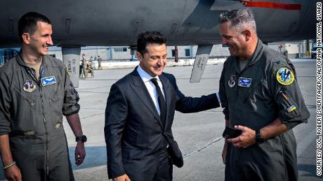 Colonel Robert Swertfager (right) meets Volodomyr Zelensky (center), the current President of Ukraine, during Exercise Clear Sky 2018.