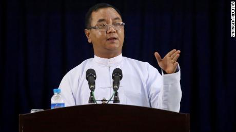 Myanmar military junta spokesman Zaw Min Tun speaks at the Ministry of Information press conference in Naypyitaw, Myanmar, on March 23, 2021.