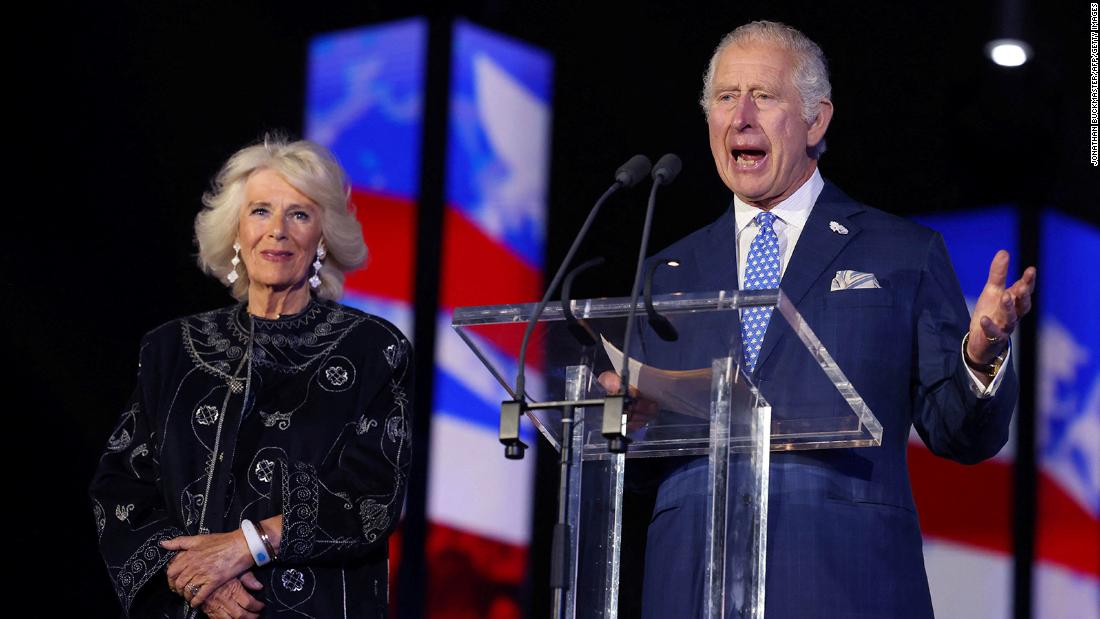 Prince Charles, accompanied by his wife Camilla, the Duchess of Cornwall, delivers a speech at Saturday night&#39;s concert. &quot;You pledged to serve your whole life,&quot; he said of his mother, the Queen. &quot;You continue to deliver. That is why we are here. That is what we celebrate tonight.&quot;