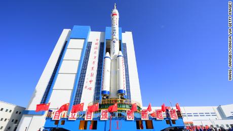 The crewed Shenzhou-14 spacecraft and a Long March-2F carrier rocket before being transferred to the launch pad at the Jiuquan Satellite Launch Center in northwest China on May 29.