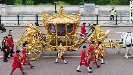 The Gold State Coach is seen during the Platinum Jubilee Pageant in front of Buckingham Palace last June.