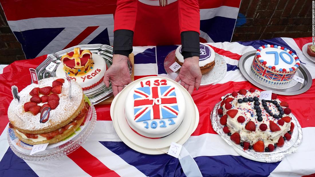 Cakes celebrating the jubilee are displayed at a street party in Aylesford, England, on Sunday. 