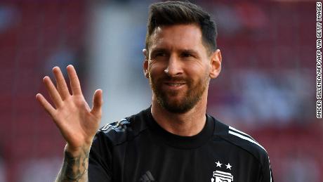 Argentina&#39;s Lionel Messi gestures before the start of the international friendly football match between Argentina and Estonia at El Sadar stadium in Pamplona on June 5, 2022. (Photo by ANDER GILLENEA/AFP via Getty Images)
