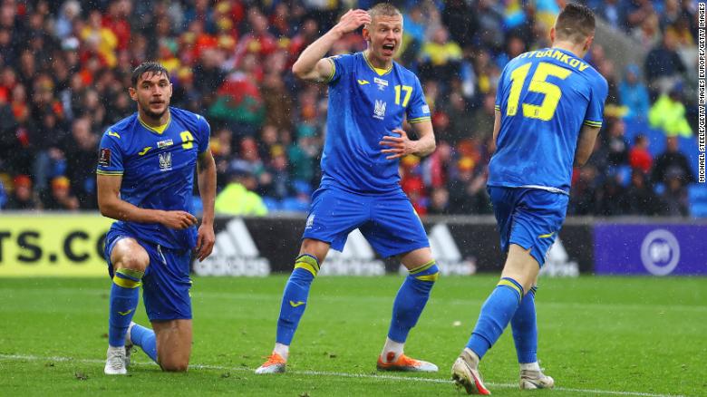 Ukraine&#39;s players look on against Wales. 