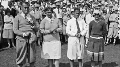 (Left to right) Golfers Cyril Tolley, Hollins, Bobby Jones and Glenna Collett play the first round on the opening day of the Pasatiempo Golf Club on September 8, 1929. Hollins helped to develop the club and hired Alister MacKenzie as designer. 