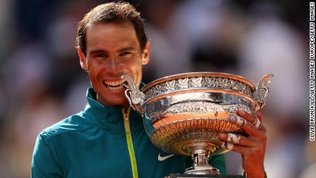 Nadal celebrates with his 14th Roland-Garros title. 