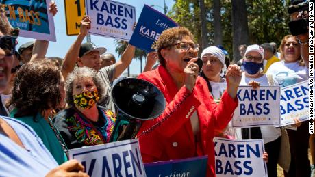 Rep. Karen Bass greets supporters on Sunday, June 5, 2022, in Los Angeles.