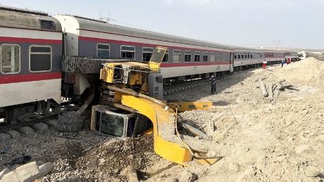 The derailed train is seen near Tabas, eastern Iran on June 8, 2022.  