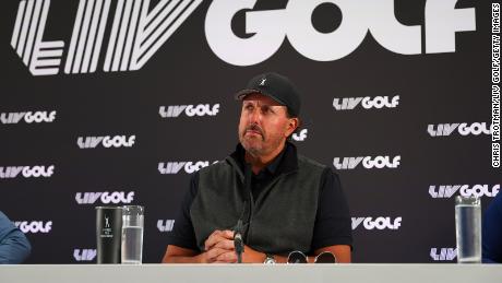 Mickelson looks on during a press conference at the Century Club.