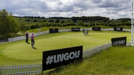 A general view of golfers practicing on the Centurion Club green ahead of the LIV golf series.