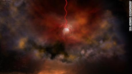 An artist's illustration shows a neutron star with an ultra-strong magnetic field, called a magnetar, which emits radio waves (red). 