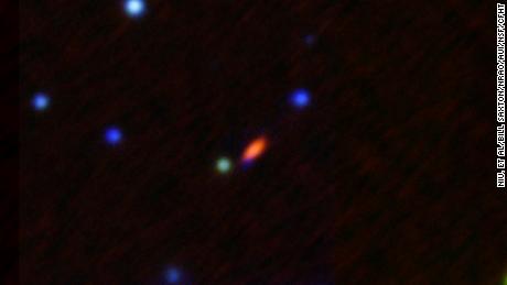 This image, captured by the Karl G. Jansky Very Large Array, shows the object FRB 190520 when it&#39;s active (in red).