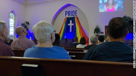 Congregants celebrate a Pride service in Augusta, Georgia. 