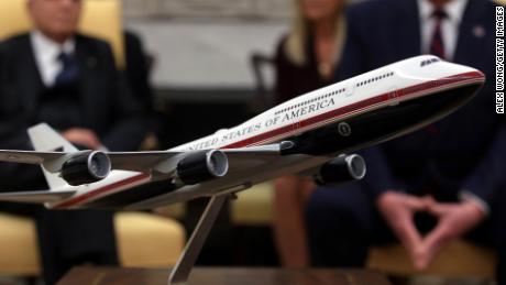 A model of the proposed next-generation Air Force One paint scheme is on display at the White House in 2019. 