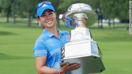   Kang poses with the trophy after winning the 2017 KPMG Women's PGA Championship.