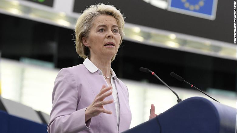 European Commission President Ursula von der Leyen speaks during a debate as part of a plenary session at the European Parliament on June 8, 2022 in Strasbourg, eastern France. 